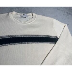 Geoffrey Beene Classic Thick Ribbed Sweater Mens Sz XL Ivory Black Stripe Cotton